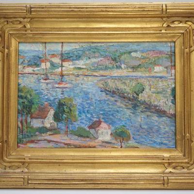 Oil on Artist Board attributed to American Impressionist Edward Henry Potthast (1857-1927). New England Coastal Village. Monogrammed EHP...