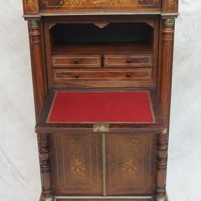 French Empire Style Marble Top Secretaire Abattant Drop Front Desk. Inlaid mahogany veneer with bronze mounts, fitted interior cabinet....