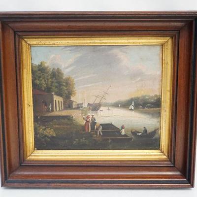 19th c. American Southern Oil on Panel. River view with Cotton Mill and Docks. Confederate soldier seen at door to side. In deep mahogany...