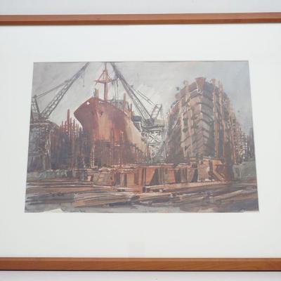 Roger Bailey (American, 1897-1995) Original Watercolor on wove paper of a Pascagoula, Mississippi Shipyard c. 1940s. Signed by the artist...