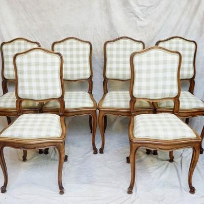 6 Country French Provincial Dining Chairs. 4 Side and 2 Arm Chairs. Upholstered in a Sage and Cream Fabric.