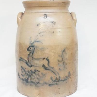 Fine Three Gallon Stoneware Jar with Cobalt Deer Decoration, Stamped 