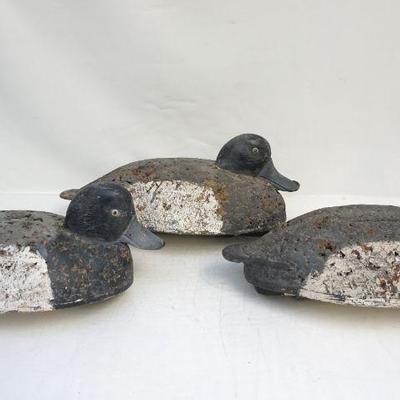 Three Vintage 1930-50s Scaup Bluebill Duck Working Decoys from the Eastern Shore. Cork bodies, wood heads, tails and bases. All...