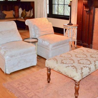 Damask slipper chairs and cocktail ottoman