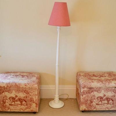 Floor lamp and 2 toile storage ottomans with hinged lids
