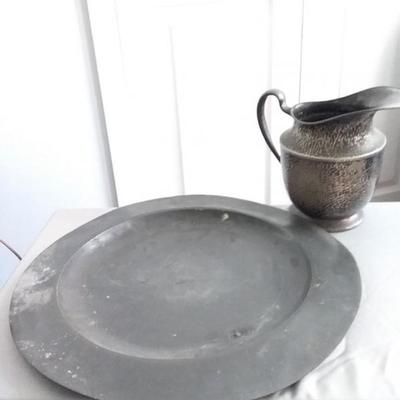 Vintage Pewter 18 Round Tray and Pitcher