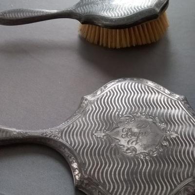 Heavy Silver Plated Vanity Hand Mirror and Brush