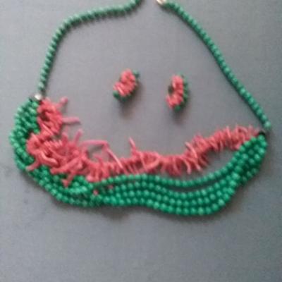 Jade and Coral Necklace and Earring Set