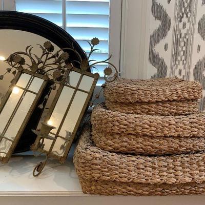 Mirrored Candle Sconces, Wall Mirror, Stacking Jute Baskets