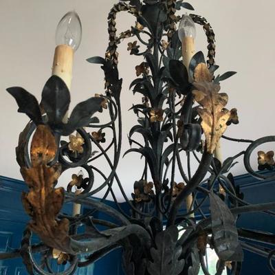 Wrought Iron Gilt Accented Nine Arm Chandelier