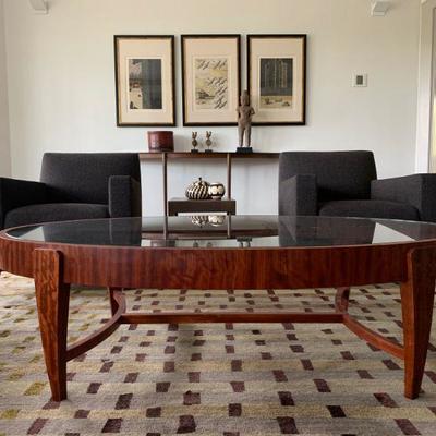 Oval Satinwood Coffee Table with Inset Glass Top