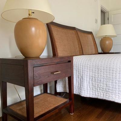 Crate and Barrel Bedside Tables, PAIR, with Rattan Shelf