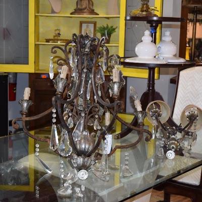 Glass Dining Table, Chairs, Chandelier Fixture