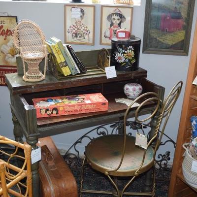 Vintage Desk, Chair, Family Affair Board Game, Decor
