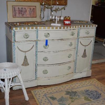 Vintage Dresser, Jewelry, Wicker Stool