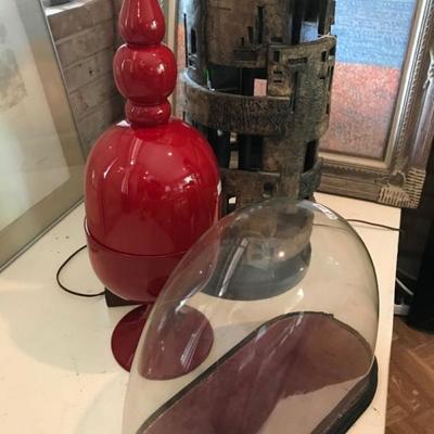 Large Vintage Table Lamp made by Patsy Eldgride, 1970, Large Red Decorative, Large Glass Dome 