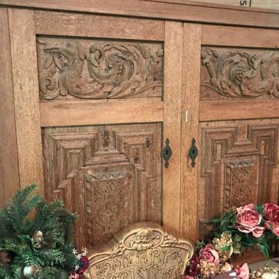 Antique Hand Carved Oak Cabinets made into King Headboard 