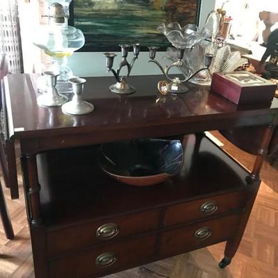 Antique Rolling Mahogany Server with Drop Leaf 