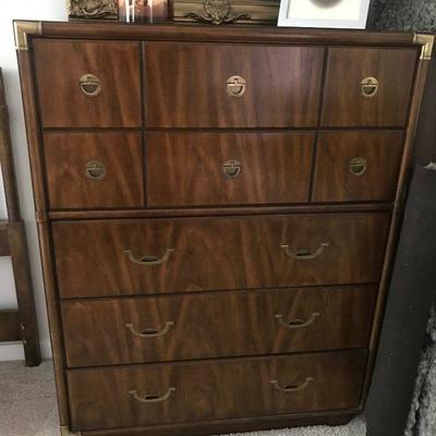 Campaign, Vintage Bedroom Suite, dresser, chest, ladies desk, pair of night stands and matching headboard