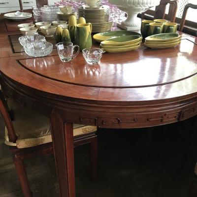 Hand Carved Asian Style Dining Table with Silk Seat Cushions 
