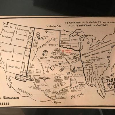 Vintage Texans Map of USA, Sammy Restaurant, Dallas, Texas  