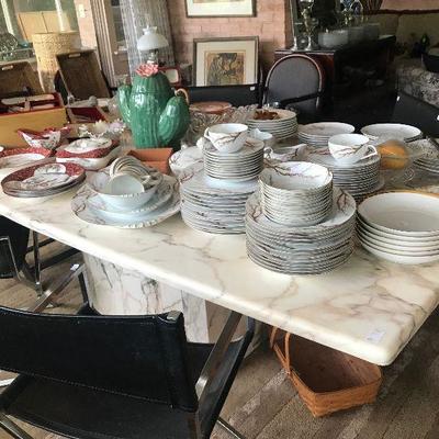 Mid-Century Marble Top Table with China 