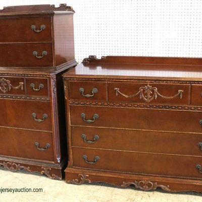  PAIR of Burl Mahogany High Chest and Low Chest with Applied Lincoln Drape Carving

Auction Estimate $200-$400 â€“ Located Inside 