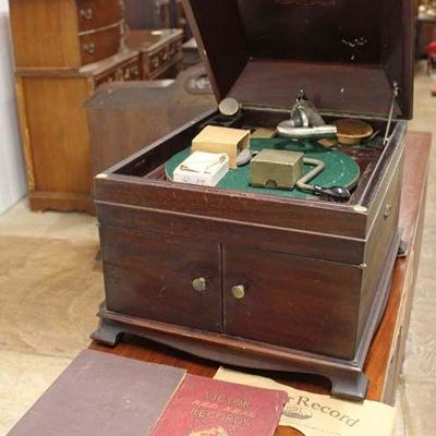 ANTIQUE Victor Mahogany Case Table Top Victrola with Paperwork and Extra Heads and Needles

Auction Estimate $100-$300 â€“ Located Inside 