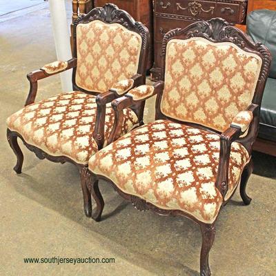 PAIR of French Style Carved Nice Upholstery Arm Chairs 