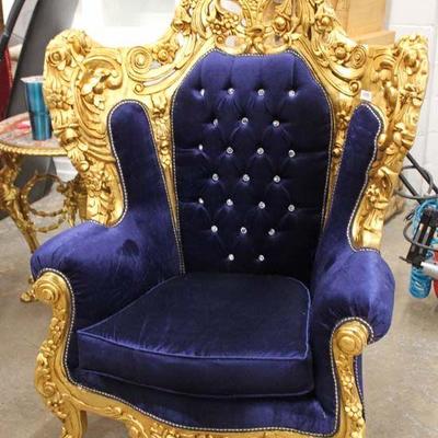  Highlt Carved & Ornate High Back with Jeweled Style Button Tuft Back

French Style Throne Chair in the Royal Blue Velour

Located Inside...