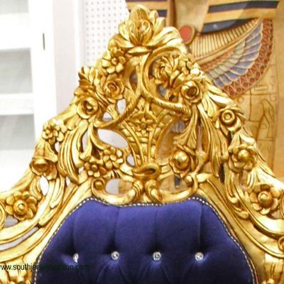  Highlt Carved & Ornate High Back with Jeweled Style Button Tuft Back

French Style Throne Chair in the Royal Blue Velour

Located Inside...