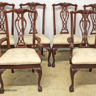  7 Piece Banded Mahogany Dining Room Table with 6 Chippendale Style Chairs

Table has Clover Cut Corners and 1 Leaf and Custom Table...
