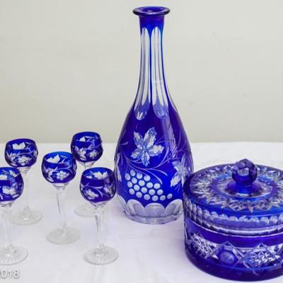 Vintage Cobalt blue crystal cut decanter and candy dish