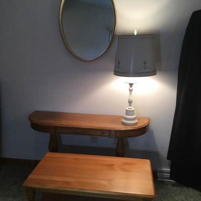 Solid Wood Double Pedestal Sofa Entry Hall Table, Coffee Table, Mirror, and Lamp
