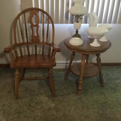 Oak Splat Back Arm Chair and 2 Tier Table and White Bubble Glass Items