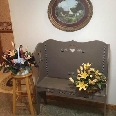 Quaint Country Setting Decorative Bench, Wall Art, and 2 Baskets of Wood Flowers