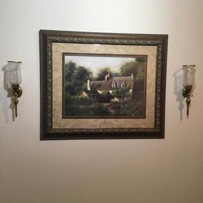 Summer Garden Large Framed Art and 2 Wall Candle Holder Sconces
