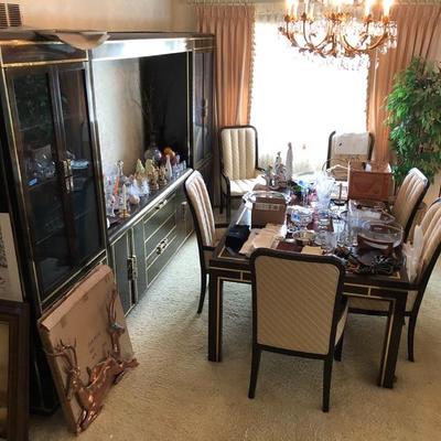 Dining Room Set - Table with leaves, 6 chairs, 2 china cabinets, and credenza