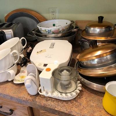 Pots, pans, kitchen appliances.