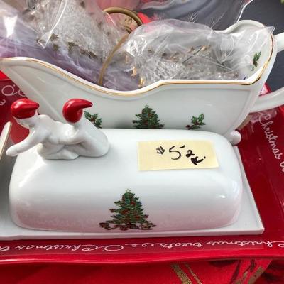 Holiday gravy boat, butter dish.