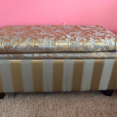 Blue/gold upholstered bench w/storage.
