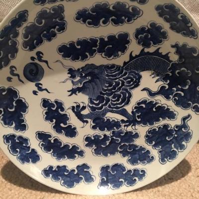 Blue and White Ceramic Platter with Dragon Motif