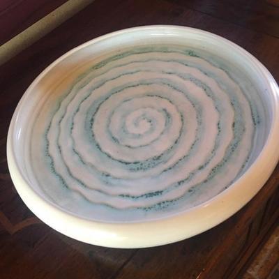 White stoneware platter aqua swirl by local artist JJ Savage 