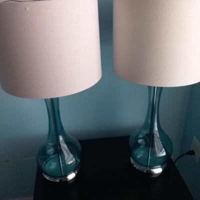 Pair of Contemporary Blue Glass and Polished Chrome Lamps
