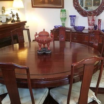 Wonderful Chinese rosewood round dinng table and 10 chairs!