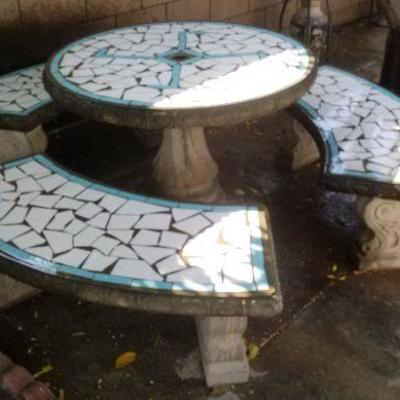 Very cool vintage tile top  patio table and bench with Indian good luck symbol