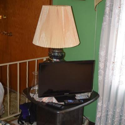 Side Table, Computer Screen, Table Lamp, & Electronics