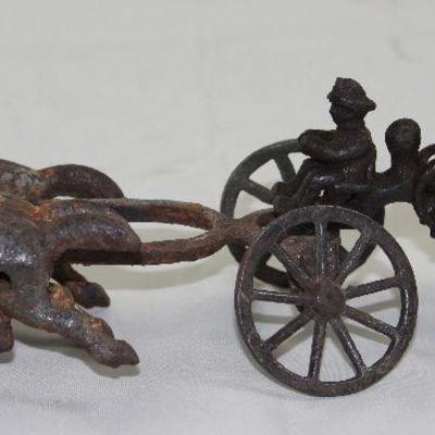 Antique Cast Iron 3 Horse Fire Engine Pumper and Fireman C.1890