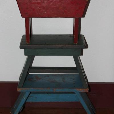 A collection of Vintage/Antique Farm House Stools: Red (5 5/8â€H x12â€W x 5.5â€D), Small Blue (8 3/8â€H x 12.5â€ W x 6â€D)& Larger...
