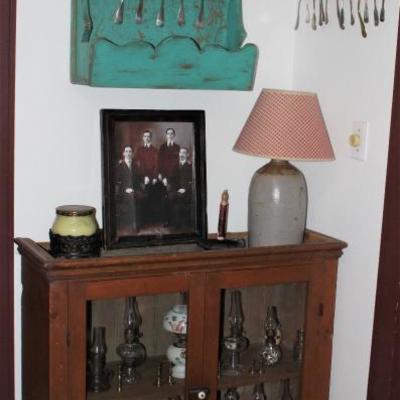 Overall view of Antique Pine  Cabinet Top - Double Door Glass Front Jelly Cabinet (37â€ H x 36â€W x 13â€D).   A Primitive Americana...
